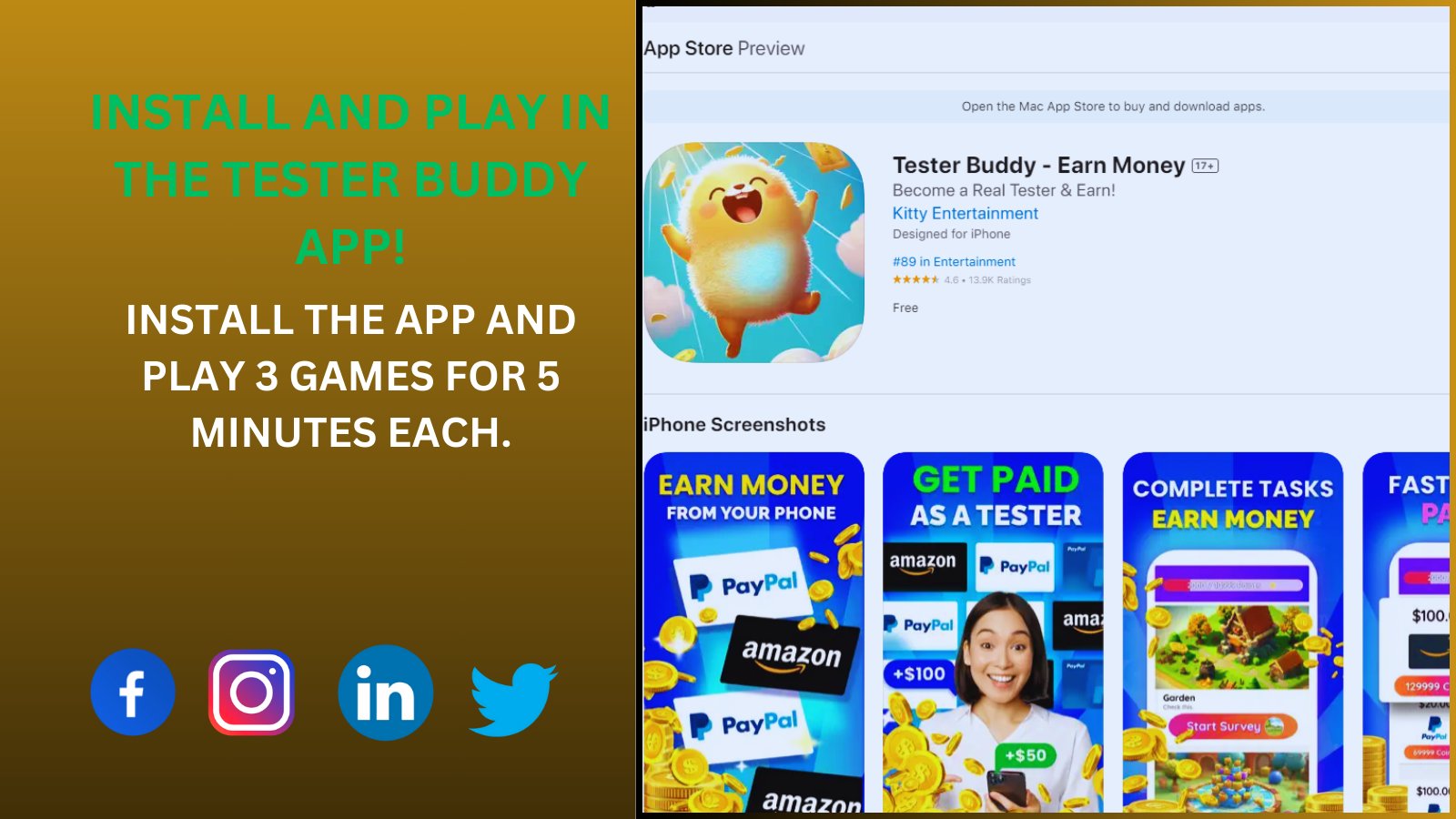 Install the Tester Buddy App and Play 3 Games For 5 Minutes Each